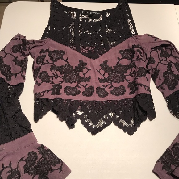 For Love & Lemons Cecilia Crop Top Cold Shoulder Purple/Black Lace Size XS - Picture 5 of 13